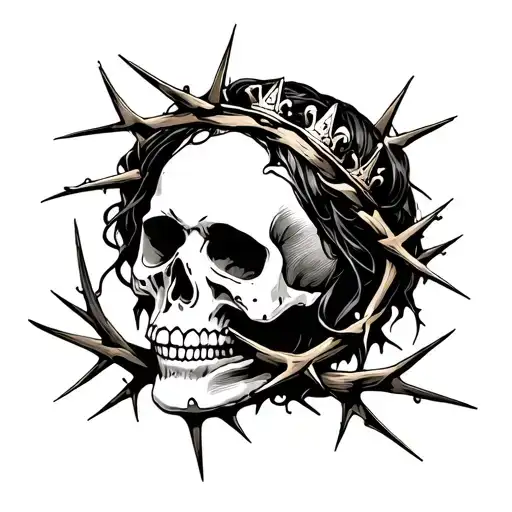 Skull With A Melting Womans Face Surrounded By A Crown Of Thorns