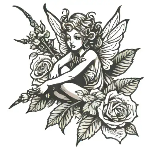 Fairy Leaning On The Stem Of A Rose