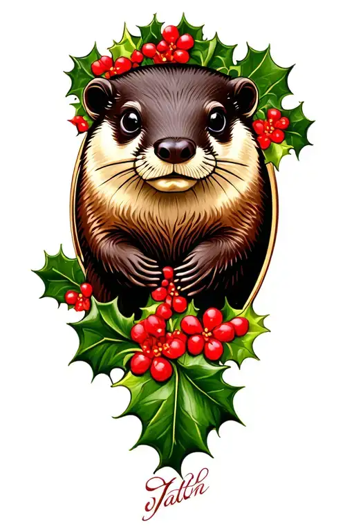 Otter In Frame With Holly Flowers