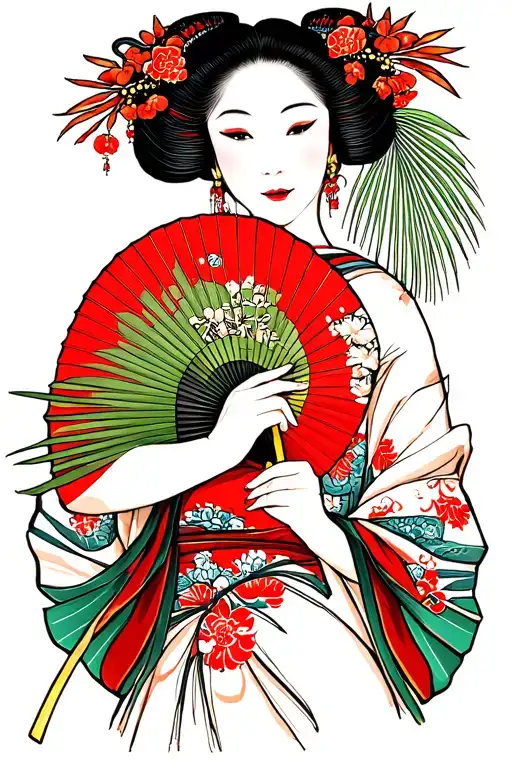 Japanese Geisha Holding A Fan Palm Leaf