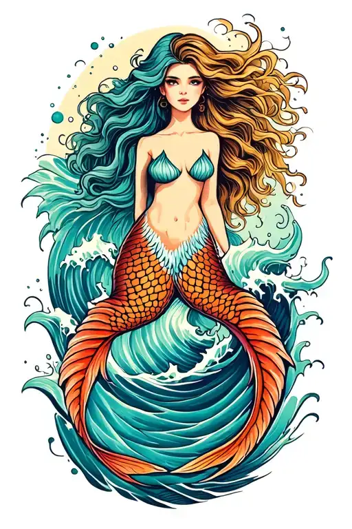 3 Mermaid Tails And Ocean Wave