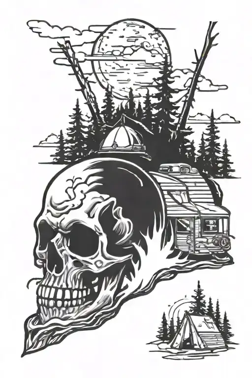 Skull With Camping And Outdoors Scenery On The Top Of The Skull