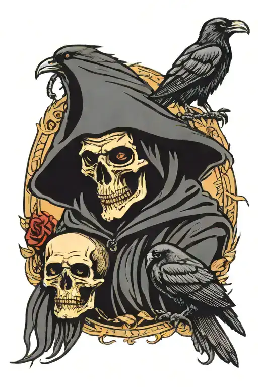 Grim Reaper With All Seeing Eye Symbol On The Forhead With Ravens Around Him