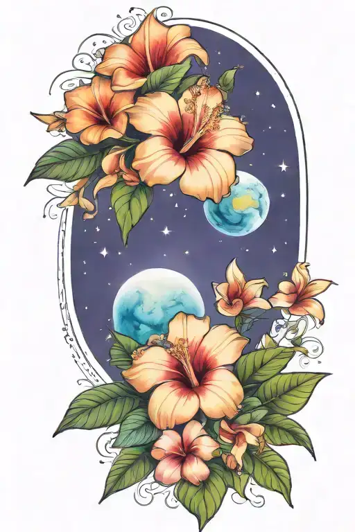 Hibiscus And Plumerias And Planets Stars And Nebulas And Ancient Egypt