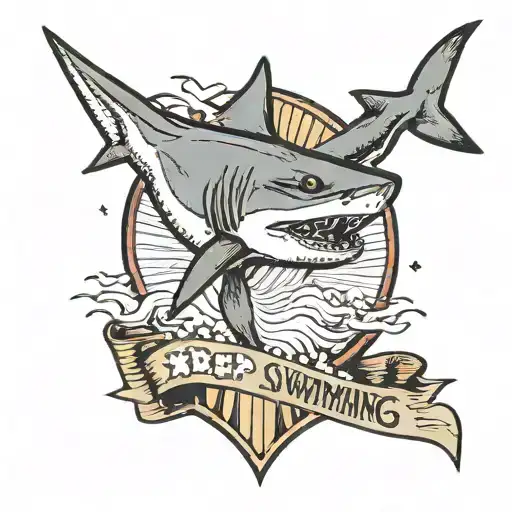 A Shark And A Banner Underneath That Says 'Keep Swimming' In A Flash Tattoo Art Style