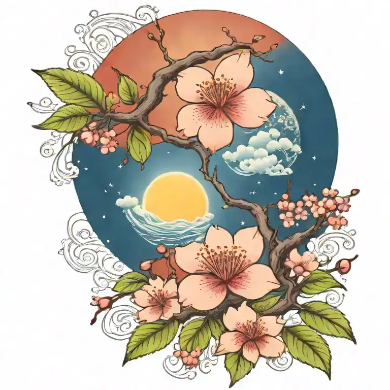 Cherry Blossom Branch And Tree Of Life Sun And Moon Flowers Red