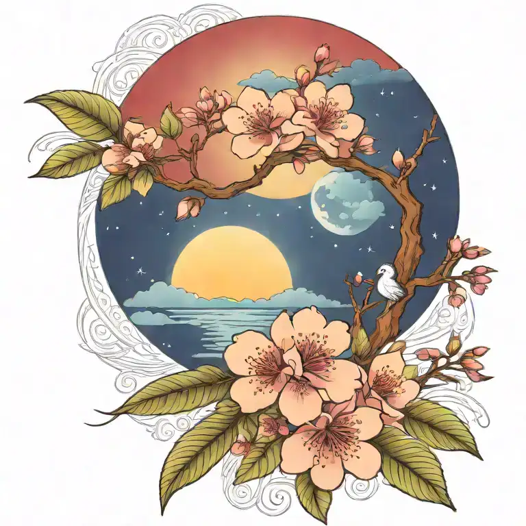 Cherry Blossom Branch And Tree Of Life Sun And Moon Flowers Red Ancient Egypt