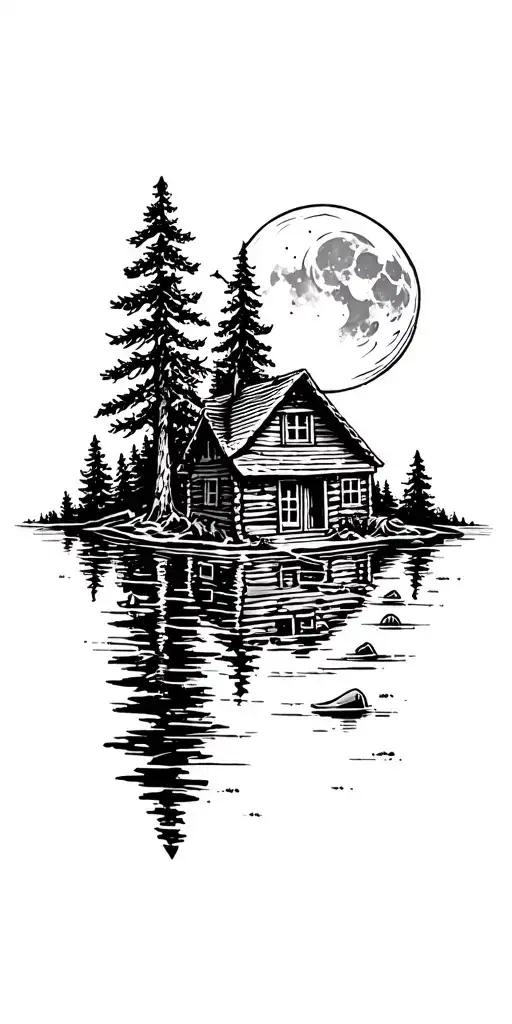Cabin On A Forest Lake Under A Moon