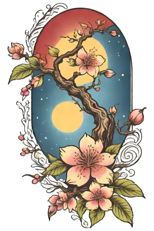 Cherry Blossom Branch And Tree Of Life Sun And Moon Flowers Red
