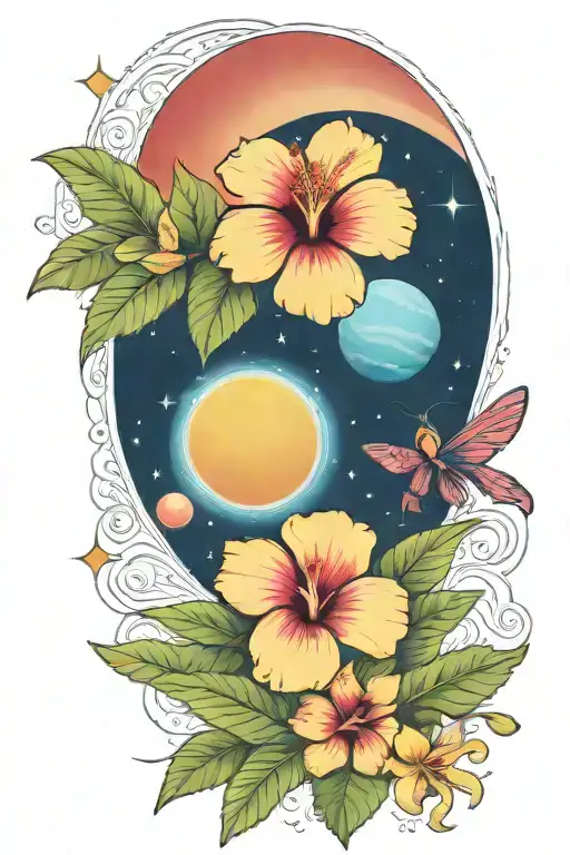 Hibiscus And Plumerias And Planets Stars And Nebulas And Ancient Egypt