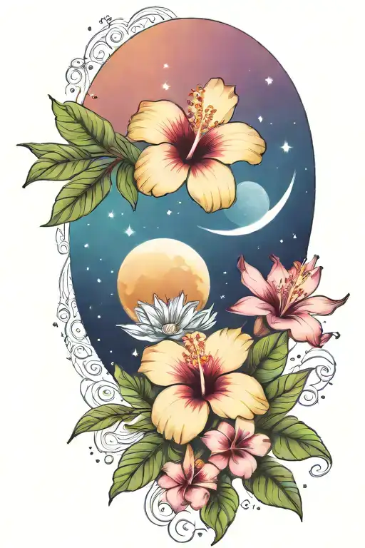 Hibiscus And Plumerias And Planets Stars And Nebulas And Ancient Egypt