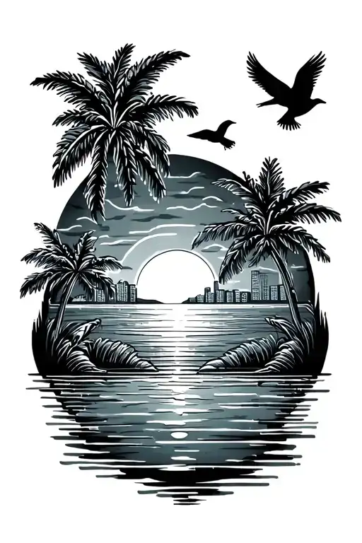 Sunset Skyline With Border Of Palm Trees And Simple Birds
