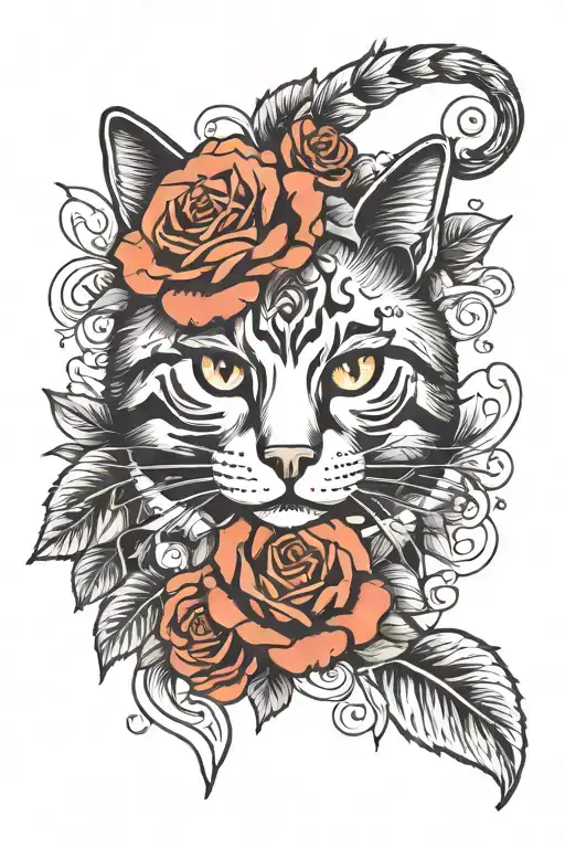 Cat And Roses Basic Line Art