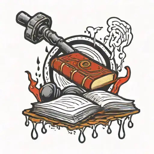 A Traditional Style Tattoo Of A Circle Dripping Blood With A Book And A Dumbbell Inside