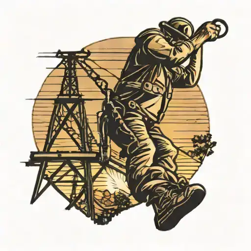 An Electrical Lineman Working On Power Lines Against A Backdrop Of A Sunset Over A Rural Landscape