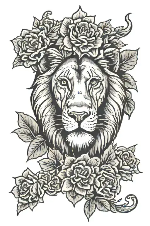 Lion With Geraniums And Ruby Eyes Looking