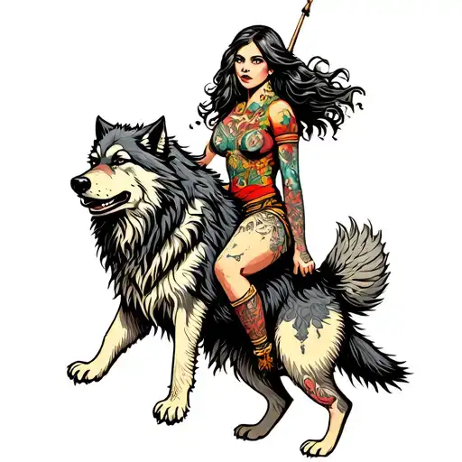A Full Body Werewolf Girl Riding A Wolf