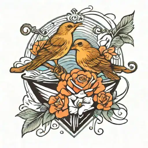 Create A Tattoo Design Featuring Two Small Birds That Symbolize Love On A Boat