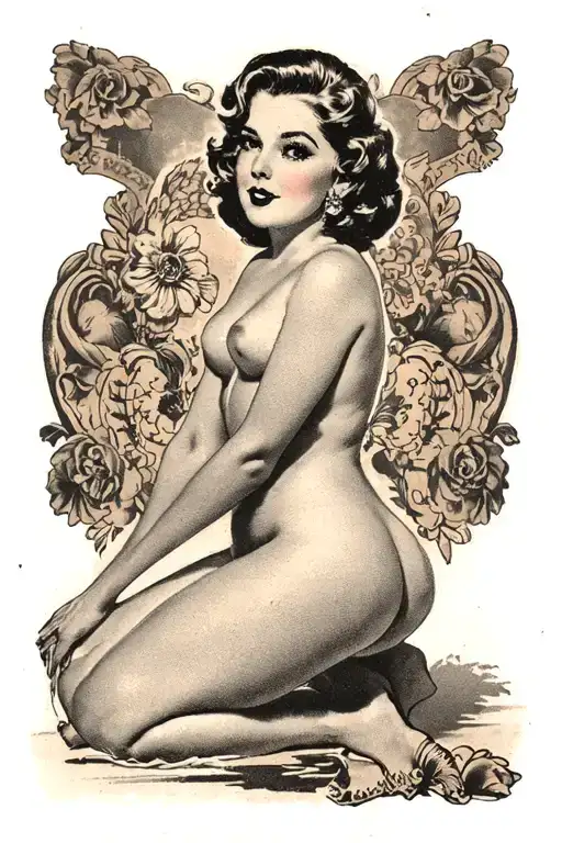 Hot Pin Up Girl Nude Posing On Her Knees Looking Away No Background