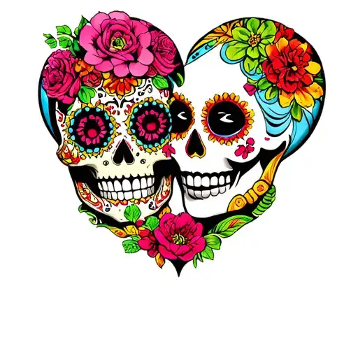 Male And Female Sugar Skulls In A Heart Shape Colourful