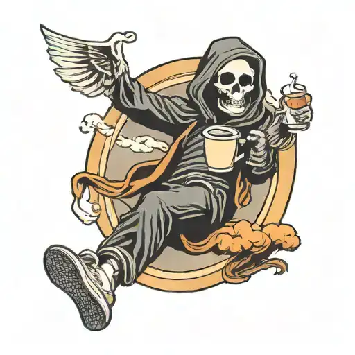 Grim Reaper Skydiving With A Coffee Cup In Hand Holding