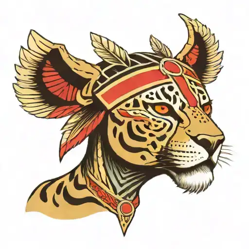 A Stylized Jaguar Warrior With A Traditional Mayan Headdress And A Red Line Painted Across The Eyes