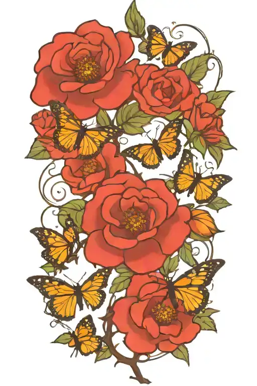 Wild Prairie Rose On A Vine Winding With Colored Monarch Butterflies Around It