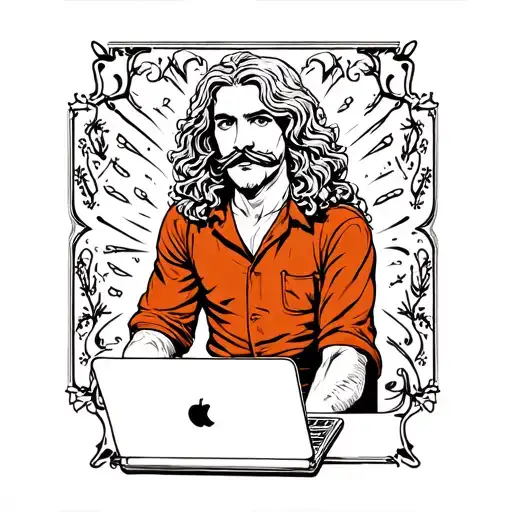 White Guy Long Curly Hair And Mustache Using A Laptop