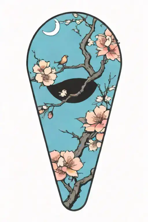 Sakura Branch With Flowers With Moon Offset In Background