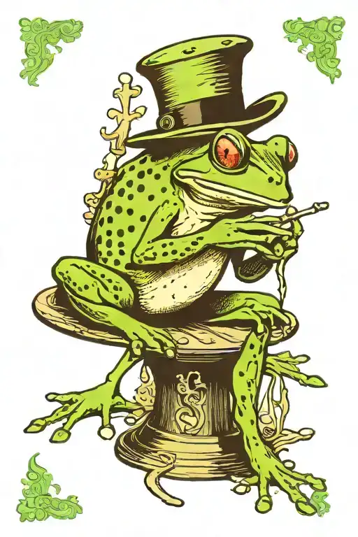A Green Frog Sits By Apoker Tabel While He Wairs A High Hat And Has A Spark In His Hand