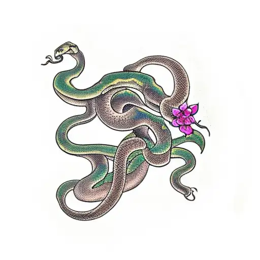 Snake With Flowers And A Moon As A Back