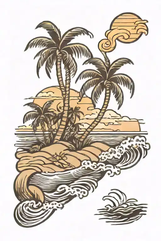 Beach Scene With Palm Trees And Waves Crashing