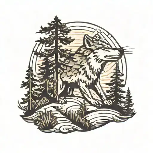 Mountains And Pine Trees And Wolf Howling