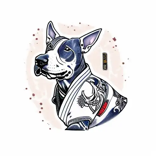 Bull Terrier Samurai With Jiu Jitsu Kani Behind Him