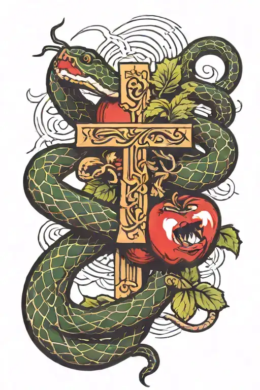 Snake Around A Cross With An Apple In The Mouth