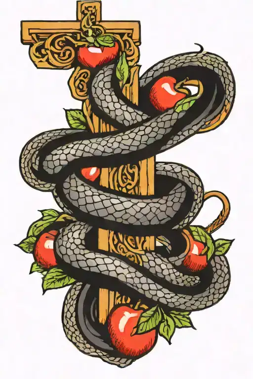 Snake Around A Cross With An Apple In His Mouth Open
