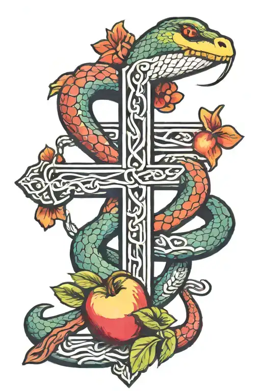Snake Around A Cross With An Apple In His Mouth Open