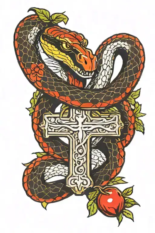 Snake Around A Cross With An Apple In His Mouth