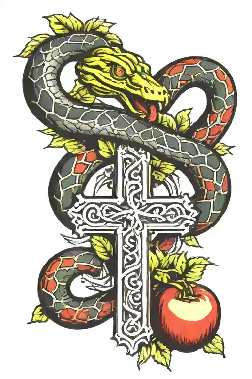 Snake Around A Cross With An Apple In His Mouth