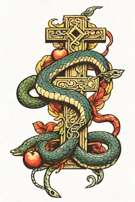 Snake Around A Cross With An Apple In The Mouth