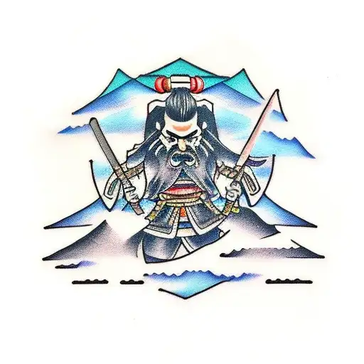 3 Sword Samurai With Mont Fuji Background And A Dojo
