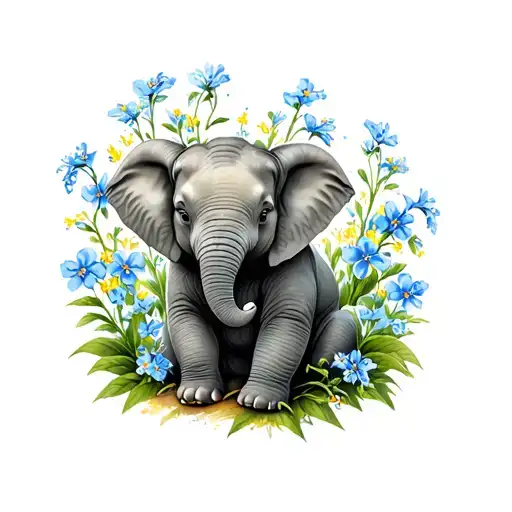 Baby Elephant Sitting On Forget Me Not Flowers