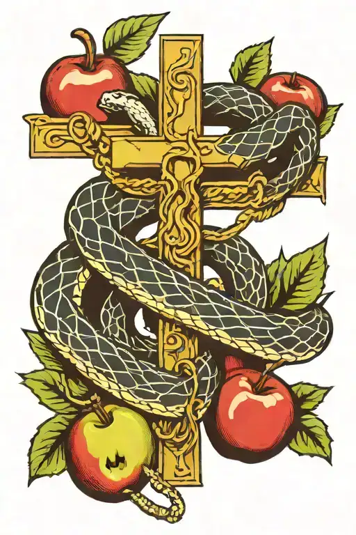 Snake Around A Cross With An Apple In The Mouth Tatoo