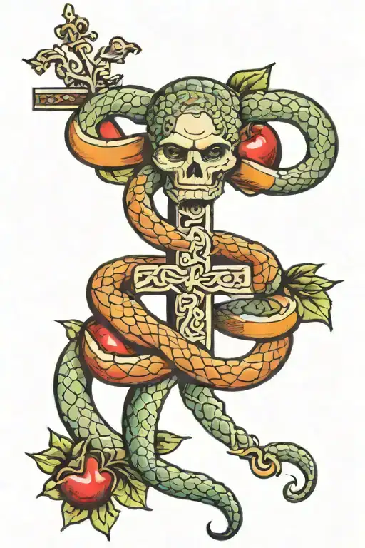Snake Around A Cross With An Apple In The Mouth Tatoo