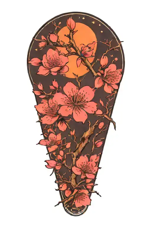 Sakura Branch With Flowers With Moon Offset In Background