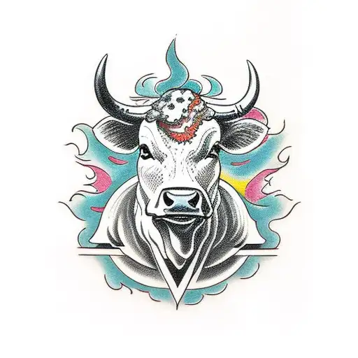 American Traditional Style Cow With Flames
