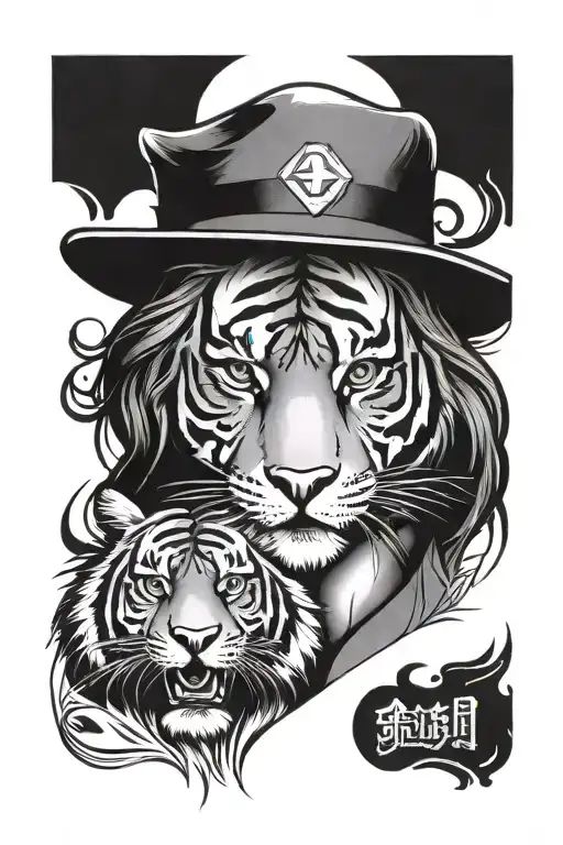 Tiger Face And Girl Sitting