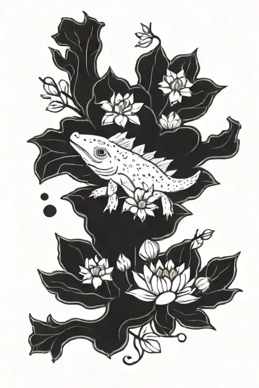 Cute Axolotl With Lotus Flowers