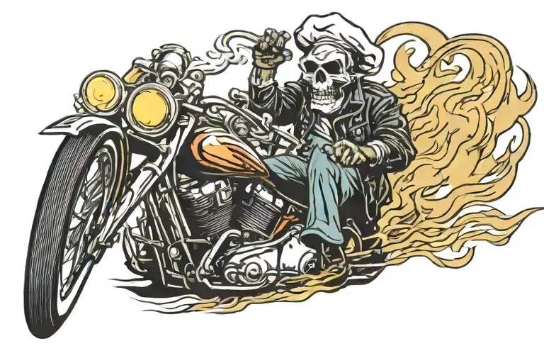 Ghost Rider Wear Chef Hat And Smoking Cigar While Riding Cruiser Motorcycle On Fire