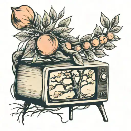 Broken Tv With A Peach Tree Growing Out Of It